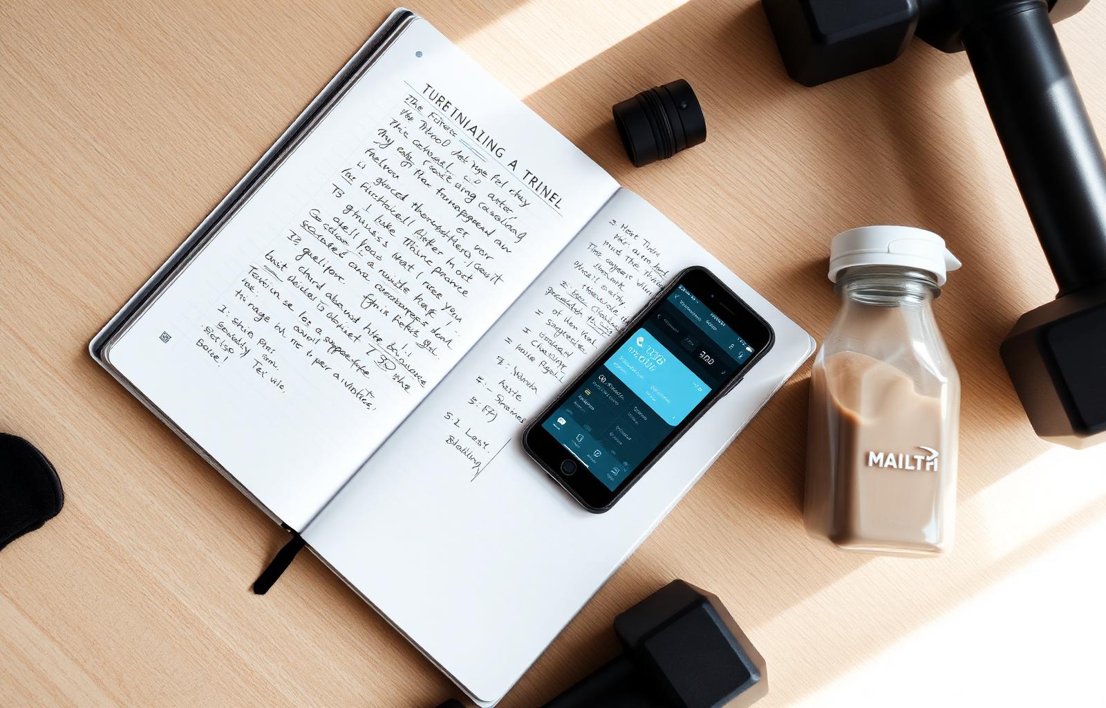 Training journal, phone with fitness app, dumbbells and protein shake in bright natural light