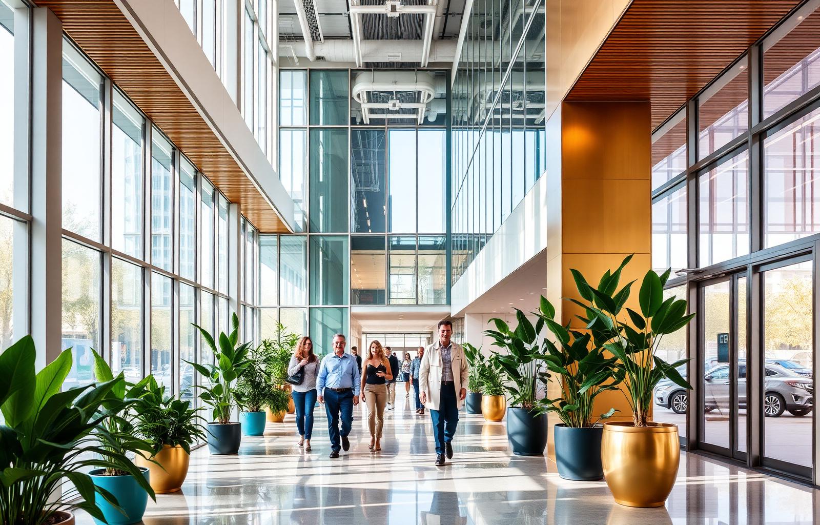 Bright modern corporate lobby with people and greenery