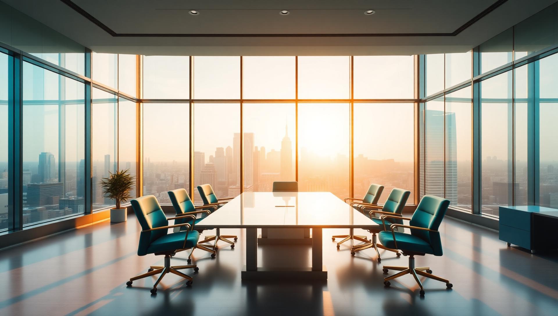 Bright modern corporate boardroom with city skyline at sunrise