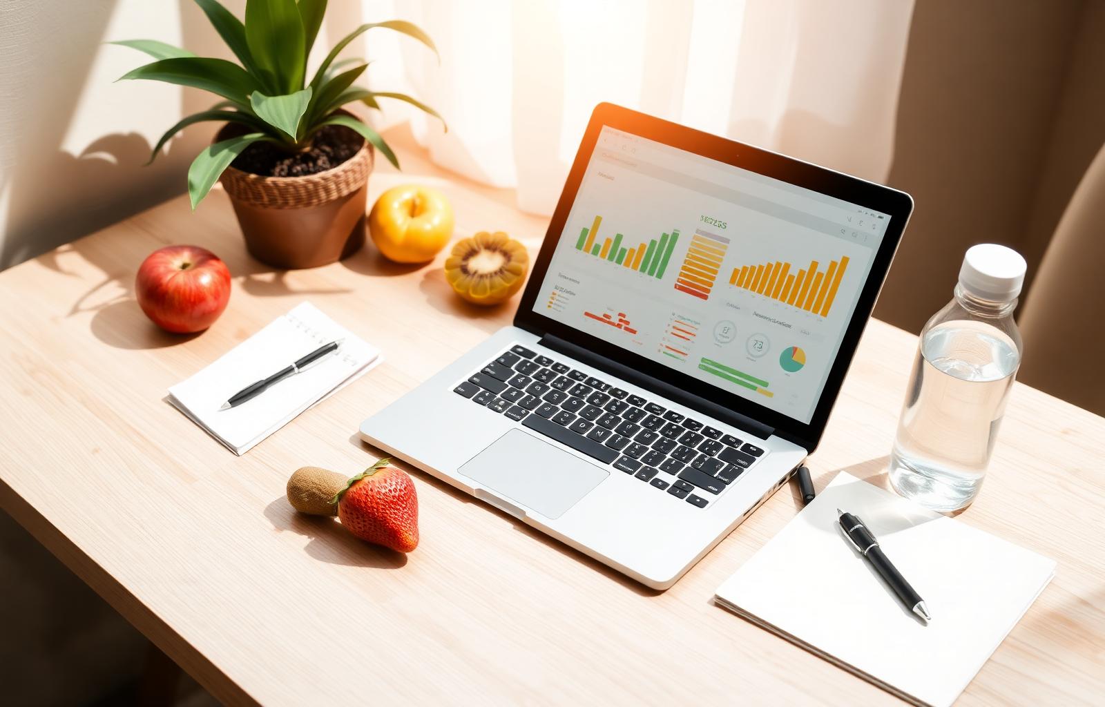 Wellness consultation dashboard on a laptop with fresh fruit and a notepad