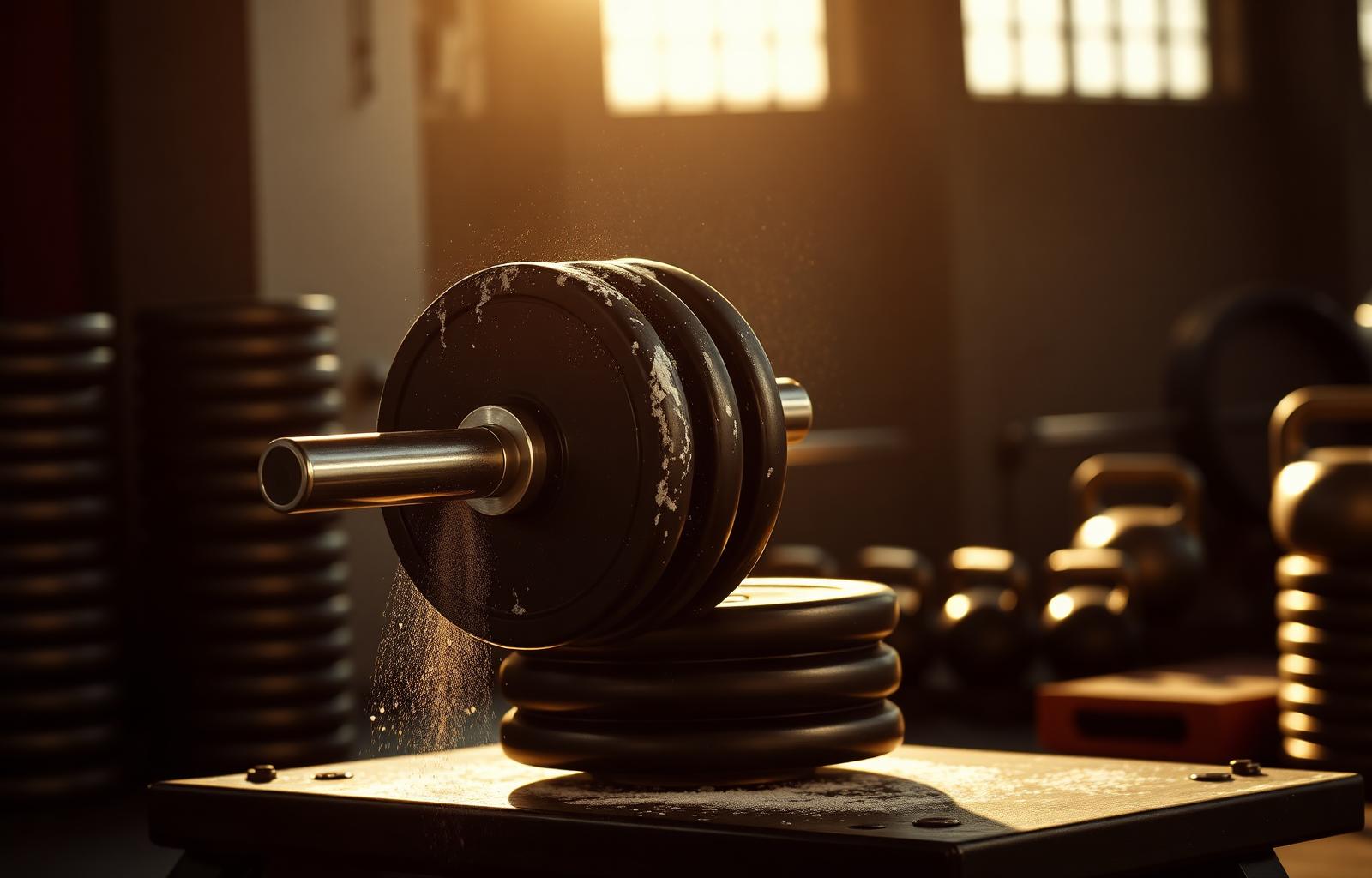 Loaded barbell with chalk dust catching warm gym light