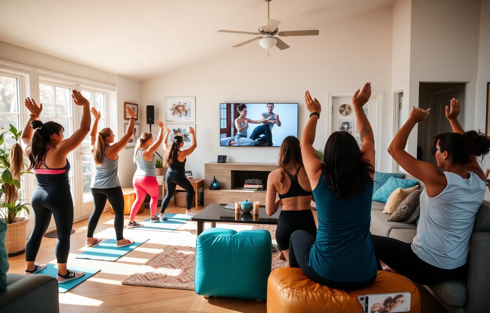 Group of Circle members training together at home during a live coaching session