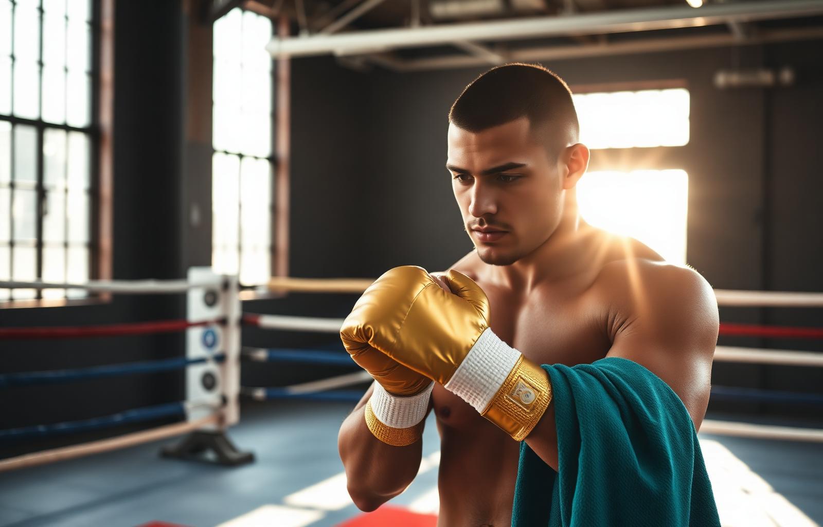 Focused boxer wrapping hands in a bright training gym